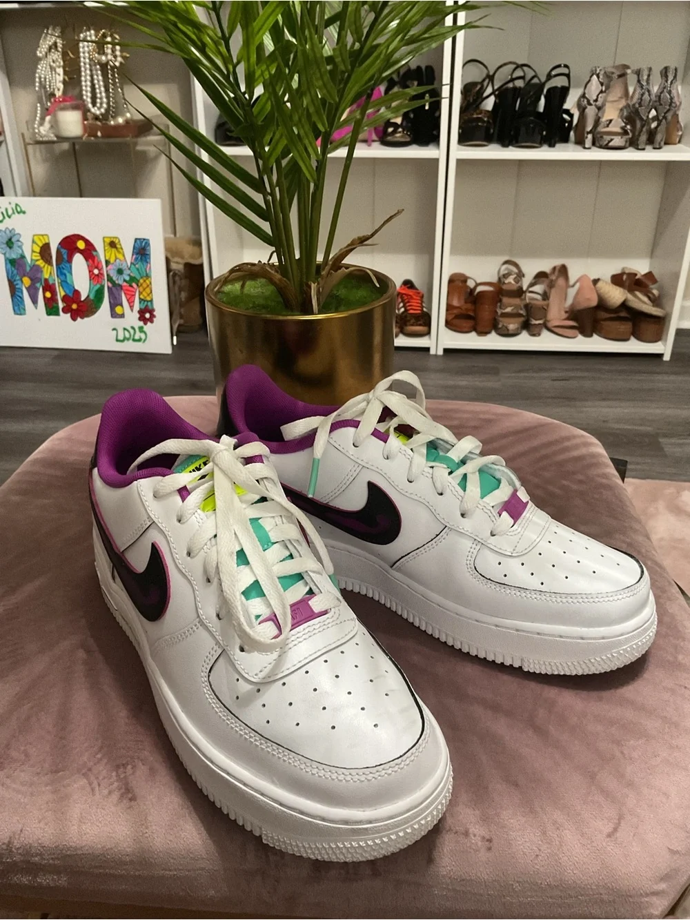 Nike Kids White Sneakers with Purple, Teal & Neon Yellow Accents